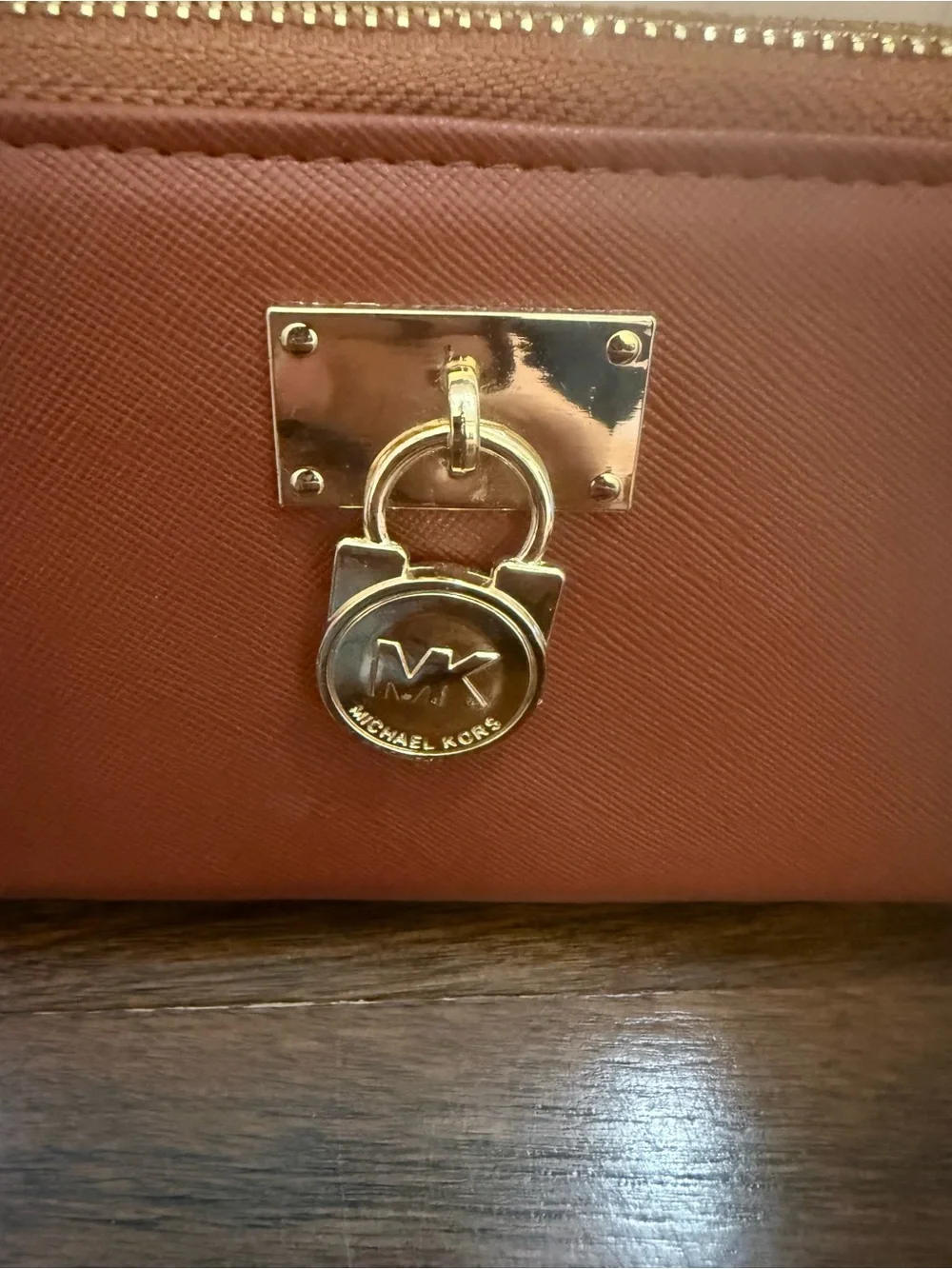 Michael Kors Saffiano Zip Wallet in Cognac Brown with Gold Hardware
